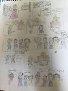 Artwork titled "The School For for Good and Evil: Broadway’s HAMILTON!! (adapted in comic form from Bdub-Panera’s Broadway for Good and Evil: Auditions-I drew the pictures but used the words from her skit)😉", submitted by Jafaristhebest on August 3, 2020.