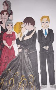 Artwork titled "Hort and Sophie wedding. Characters in order left to right: Hester: top, Dot:middle, Agatha:bottom, Sophie, Hort, Tedros", submitted by Bryannahstevens on August 24, 2020.