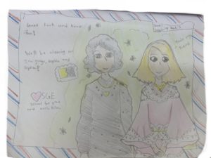 Artwork titled "For Post card contest.                                                      Scene:  Sophie says she sees Agatha as a real friend", submitted by I-LovePlants on February 16, 2021.