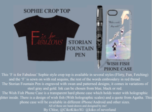 Artwork titled "My SGE Merch Competition Entry! Close up of Crop Top, Storian, Phone Case and Description!", submitted by CikoKiko on August 24, 2020.