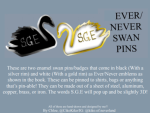 Artwork titled "My SGE Merch Competition Entry! Close up of Swan Pins and Description!", submitted by CikoKiko on August 24, 2020.