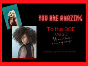 Artwork titled "Postcard SGE Cast Challenge! (made with Canva and Drawings) Good luck SGE cast!!", submitted by PrincessOfTheCoven on February 16, 2021.